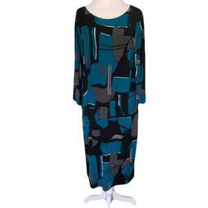 Chico's Travelers Size 2/Large Teal Black Geometric Print No Wrinkle Midi Dress